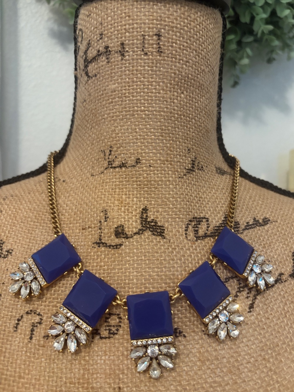 J. Crew Gold-Tone Necklace with Cobalt Blue Glass Panels and Clear Crystals
